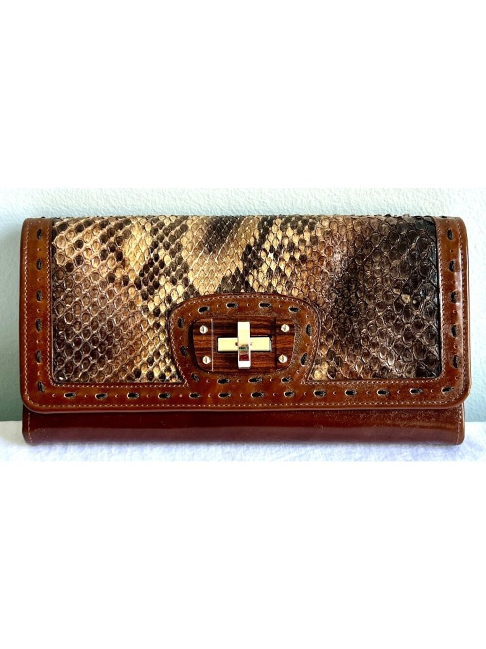 Cuadra Python Clutch Luxury Women’s Brown Leather Whipstitched Trifold Wallet